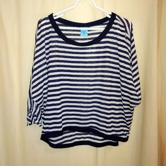 H. I. P. Womens Size Large Navy/White Stripe Hi-lo Top. - Picture 1 of 7